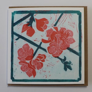 Carte de voeux linogravure - Japonica - carte botanique - carte d'anniversaire - carte d'art