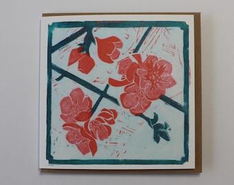 Linocut Greetings Card - Japonica - Botanical Card - Birthday Card - Art Card