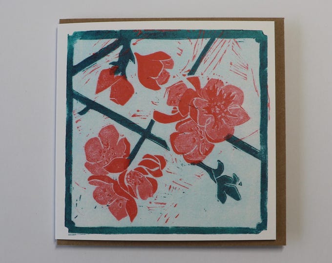 Linocut Greetings Card - Japonica - Botanical Card - Birthday Card - Art Card