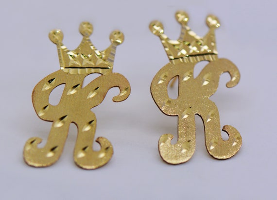 10K Solid Yellow Gold Crown Initial Letter Stud Earrings A Z Any