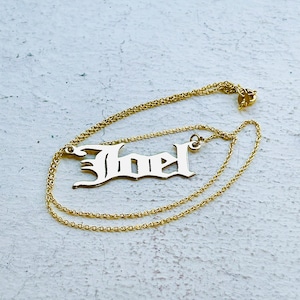 14k Authentic Solid Yellow Gold Old English Personalized Custom Name Necklace with Oval Rolo Chain Necklace