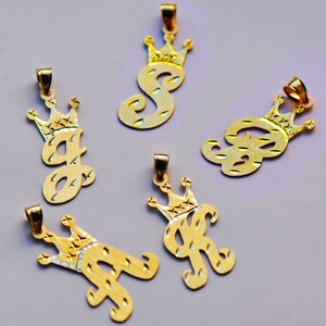 10K Solid Yellow Gold Crown Initial Pendants (A-Z)