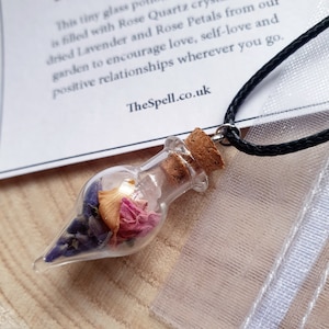 LOVE Spell Bottle Necklace | Self-Love & Relationships | Rose Quartz, Lavender, Rose Petals  | Witch, Wiccan, Pagan, Spells, Magick