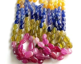 Amazing! Natural Multi Sapphire Gemstone | Sapphire Smooth Oval Shape Beads For Jewelry Making | 5X6 mm to 6X9 mm Size Approx 16 inch Strand