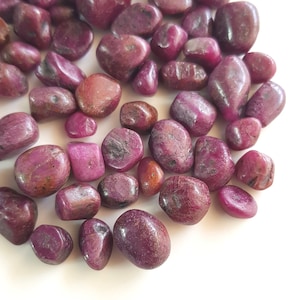 May include: A collection of tumbled ruby stones in various sizes and shapes. The stones are a deep, rich red color and have a smooth, polished finish.