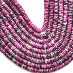 Cuentas Heishi de zoisita rubí natural, cuentas facetadas de zoisita rubí con forma de neumático, cuentas de gema de zoisita rubí con forma de disco, collar de cuentas de zoisita rubí con forma de rueda.