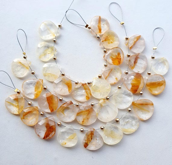 Golden Rutilated Heart Beads Rutile Faceted Heart Shape Briolette Gemstone Bio Color Rutile Beaded Necklace AAA Rutile Jewelry 10 Pieces
