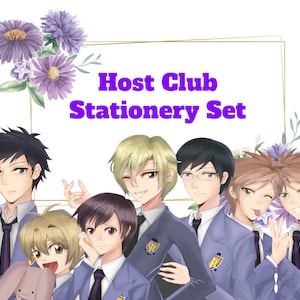Juego completo de papelería para el Club de anfitriones de Ouran Imprimible de Tamaki, Kyouya, Haruhi, Hitachiin Twins, Honey, Mori para escribir cartas, amigos por correspondencia