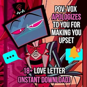 Peut inclure: Illustration de personnage de dessin animé avec une tête d'écran de télévision, des yeux rouges et un nœud papillon. Le texte indique "POV: VOX S'EXCUSE AUPRÈS DE VOUS POUR VOUS AVOIR CONTRARIÉ" et "18+ LOVE LETTER (TÉLÉCHARGEMENT INSTANTANÉ)". Une bulle de dialogue et une cloche de notification sont également présentes.
