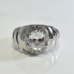 Sterling Silver White Topaz Ring - Handmade Oval Gemstone Men&#39;s Ring