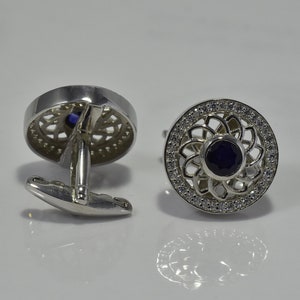 925 Sterling Silver Natural Gemstone Blue Sapphire & Cz Fine Cufflink Jewelry,Gemstone Sapphire Diamond Cufflink Jewelry For Men