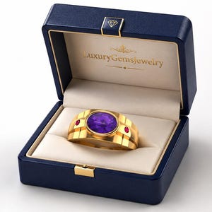 14k Gold Amethyst Ruby Ring | Three Stone Engagement Ring