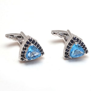Blue Topaz Cufflink, Solid 925 Sterling Silver Cufflink For Men, Handmade Fine Jewelry, Trillion Gemstone Cufflink For Him, Natural Gemstone