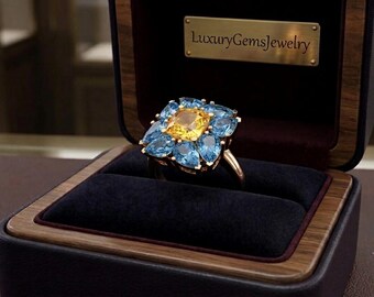 Citrine Blue Topaz Cushion Cut 925 Sterling Silver Ring, Handmade Gemstone Jewelry