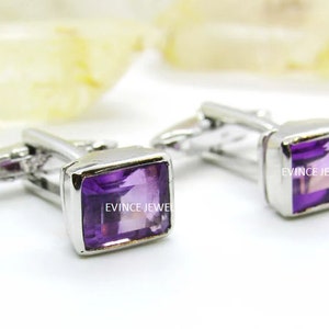 925 Solid Sterling Silver Cufflink- Amethyst CZ Cufflink Jewelry- Fine Gemstone Amethyst Sterling Silver Cufflink- February Birthstone -