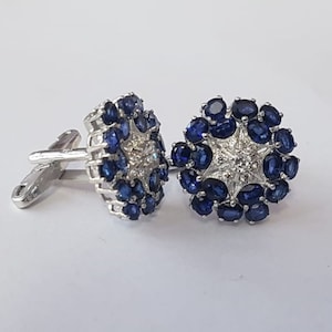 925 Sterling Silver Natural Gemstone Blue Sapphire & Diamond Fine Cufflink Jewelry,Gemstone Sapphire Diamond Cufflink Jewelry For Men