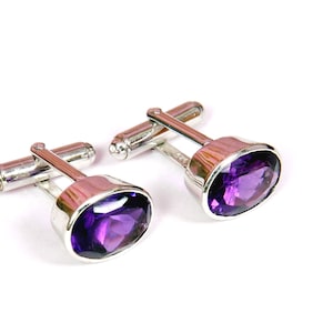 Boutons de manchette en argent sterling améthyste - Pierres précieuses ovales, joaillerie