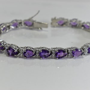 Solid 10k white gold bracelet-natural purple amethyst fine gemstone bracelet with CZ pear cut party wear bracelet for women- gift for her