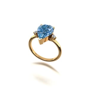 Solid 10k yellow gold Ring- Natural Blue Topaz & CZ Gemstone Ring- Handmade Ring Fine Jewelry- Engagement Gift Pear Cut Ring Jewelry India
