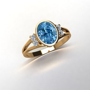 solid 925 sterling silver ring- blue topaz with CZ gemstone ring- Gold Plated Anniversary ring- November birthstone ring- oval shape ring