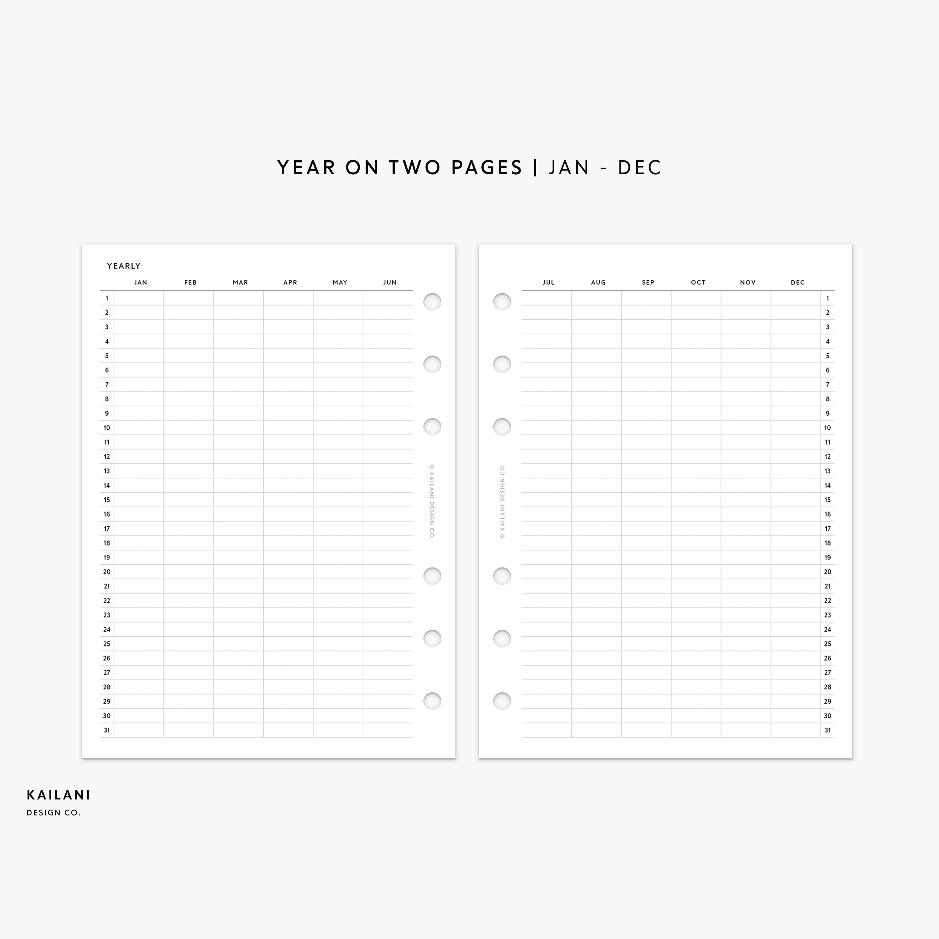 A6 Year at A Glance, Year on 2 Pages, Yearly Agenda, Printable Insert ...