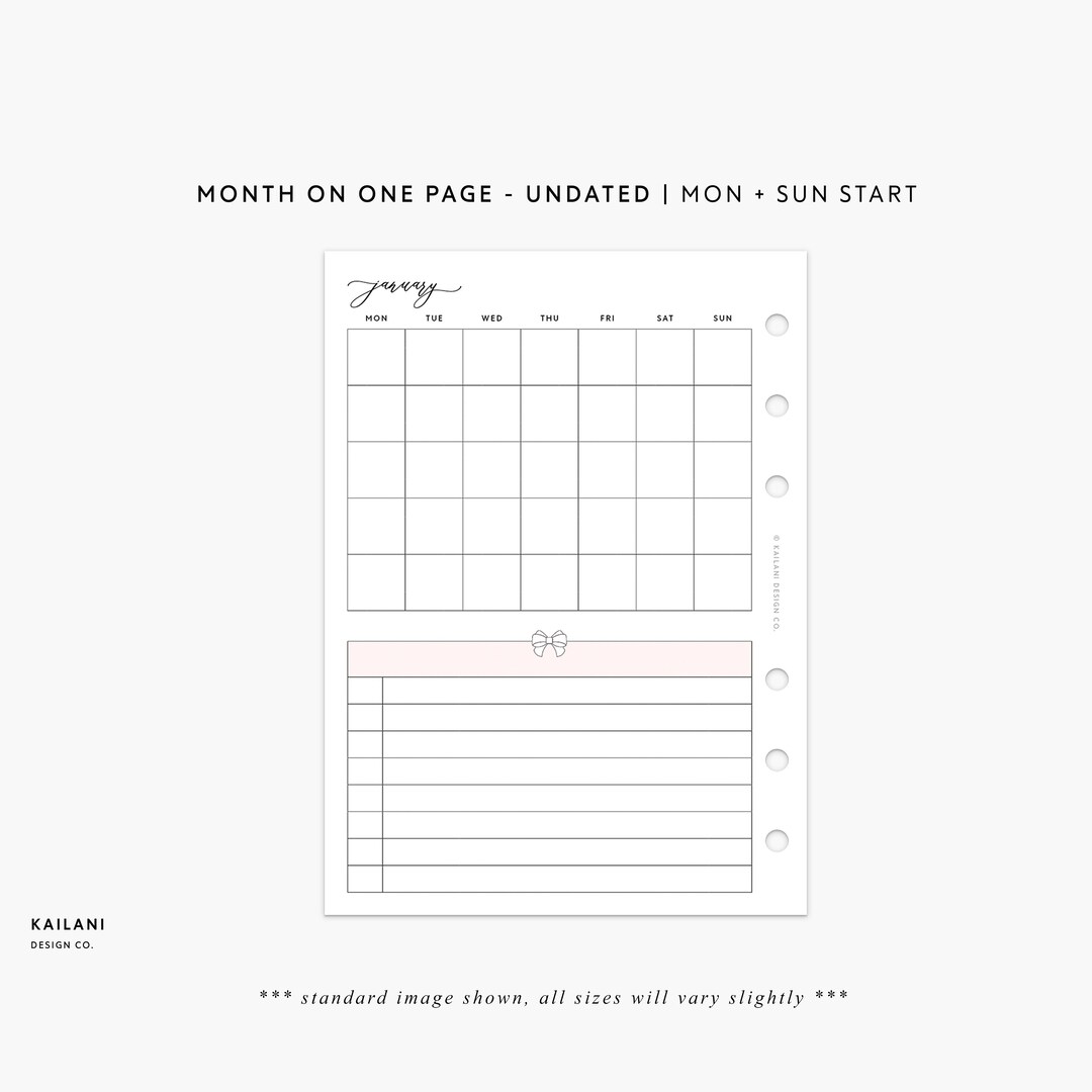 B6 Monthly Insert Printable, B6 Undated Insert, Month on One Page, B6 ...