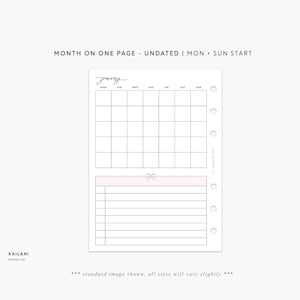 B6 Monthly Insert Printable, B6 Undated Insert, Month on One Page, B6 Rings, B6 MO1P, MON + SUN start, B6 Pink, B6 LISTS