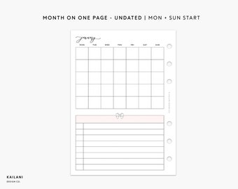 B6 Monthly Insert Printable, B6 Undated Insert, Month on One Page, B6 Rings, B6 MO1P, MON + SUN start, B6 Pink, B6 LISTS