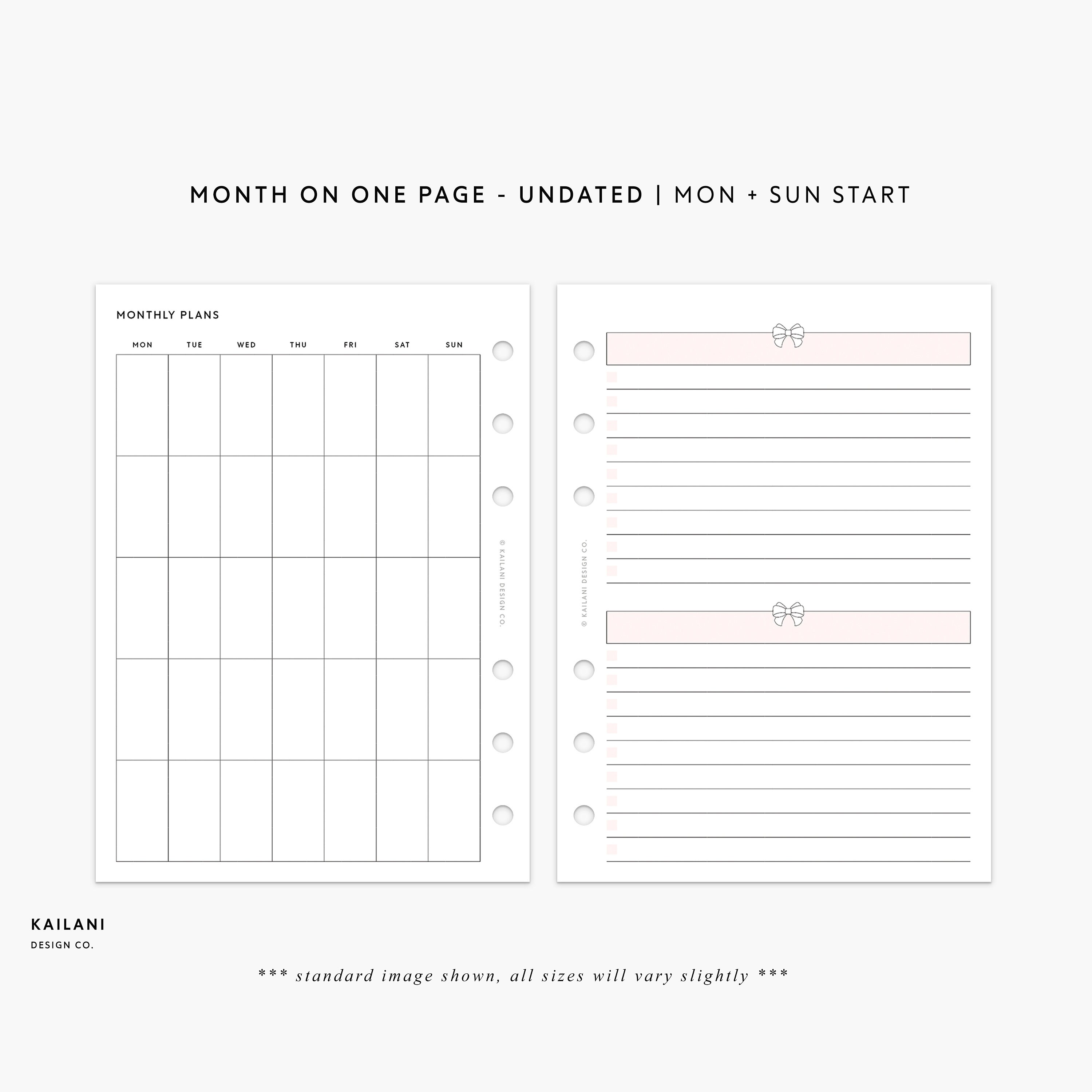 A5 Wide Monthly Planner Printable, UNDATED Monthly Insert, Monthly Printable Inserts, Month on One Page, A5 Wide Printable Insert, MO1P