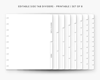 May include: A set of eight printable side tab dividers for a planner or notebook. The dividers are white and have a simple design with tabs on the side. The text "MONTHLY PLANS" and "INBOX" are visible on two of the dividers.