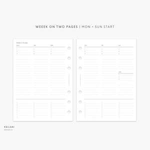 Op de afbeelding: Een weekplanner met twee pagina's, één voor maandag tot woensdag en de andere voor donderdag tot zondag. De planner heeft een eenvoudig ontwerp met lijnen om op te schrijven en een koptekst die zegt "WEEK ON TWO PAGES | MON + SUN START".