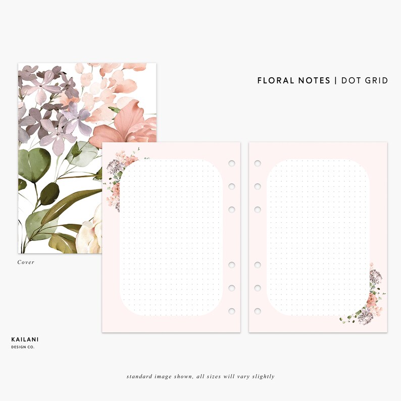 May include: Floral notes dot grid notebook cover with a pink and white floral design. The cover features a watercolor style floral pattern with pink, white, and green hues. The text "FLORAL NOTES | DOT GRID" is printed in black at the top of the cover.