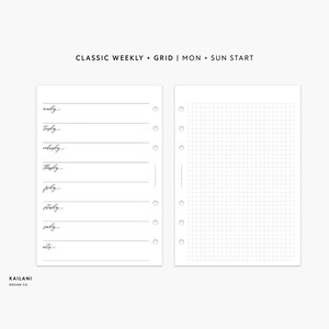 Personal Wide Undated Weekly Planner Inserts, Week on One Page, Week on Two Pages, WO1P, Weekly Agenda, Undated Weekly, GRID
