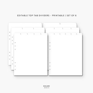 A5 Wide Editable Dividers, Printable Divider Tabs, Top Tab Dividers - Set of 6 - PDF - PNG