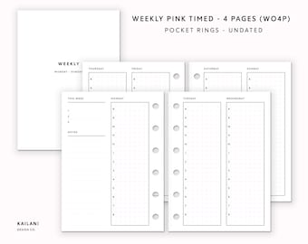 Pocket Rings Weekly Planner Inserts, Timed Pink Grid (Digital Download)