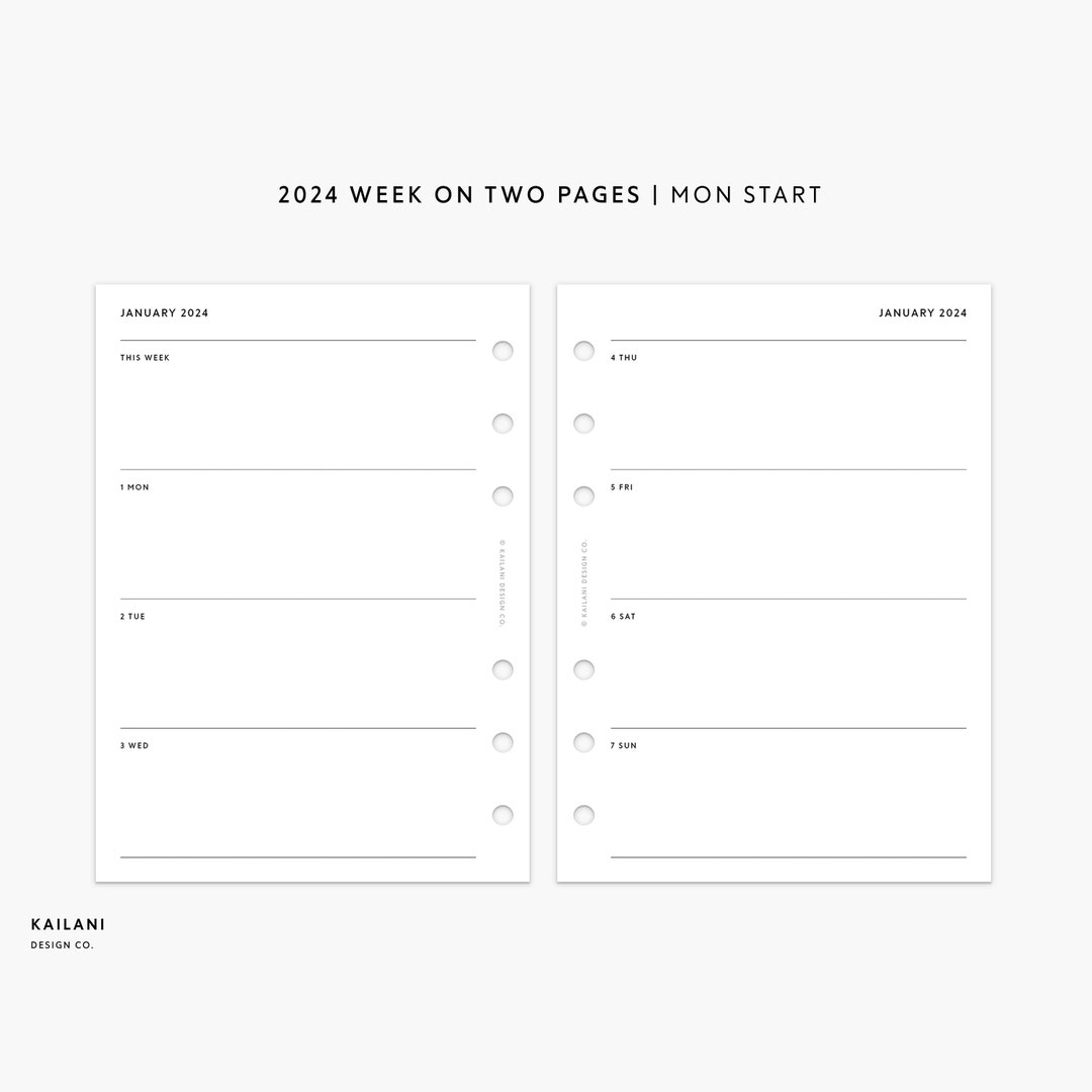 2024 Weekly Planner A6 Inserts, 2024 Agenda, Week on Two Pages, WO2P