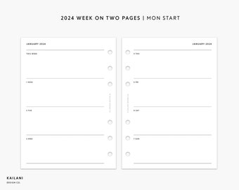 2024 Weekly Planner A6 Inserts, 2024 Agenda, Week on Two Pages, WO2P, A6 Vertical Weekly, Weekly Template