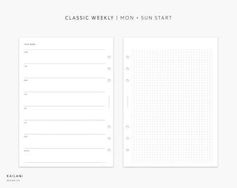 A5 Undated Weekly Planner Printable Inserts, Grid Layout (PDF)