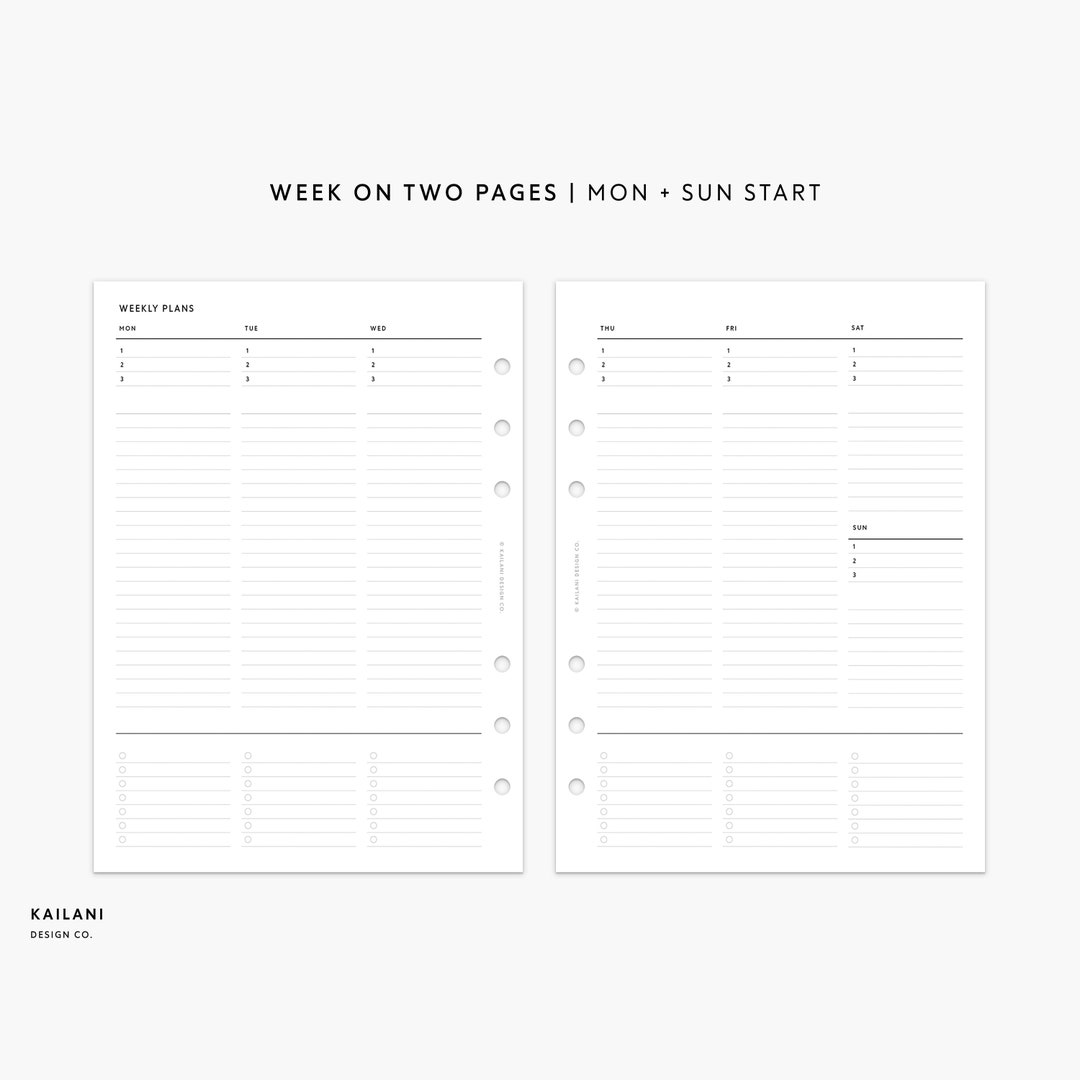 B6 Rings Undated Weekly Planner Inserts, Week on Two Pages, WO2P ...