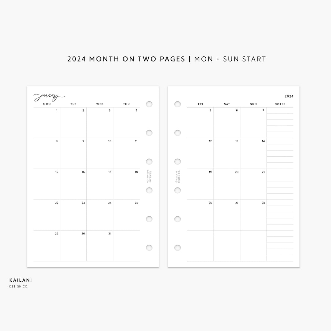 Pocket Monthly Planner Printable, 2024 Monthly, Month on Two Pages