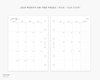 Pocket Monthly Planner Printable, 2024 Monthly, Month on Two Pages, Filofax Inserts, 2024 Pocket Calendar