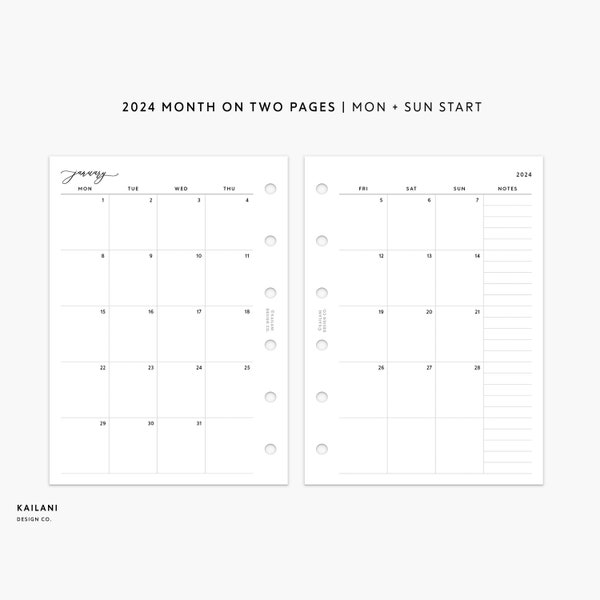 Pocket Monthly Planner Printable, 2024 Monthly, Month on Two Pages, Filofax Inserts, 2024 Pocket Calendar