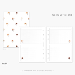 May include: A printable planner insert with a floral cover and gridded pages. The cover features a white background with a repeating pattern of small orange and brown flowers. The pages are divided into four sections with a grid pattern. The text "FLORAL NOTES | GRID" is printed at the top of the page.