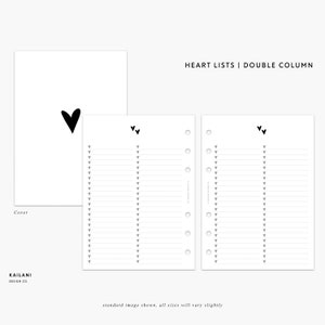 May include: A printable planner cover with a black heart design. The text "HEART LISTS | DOUBLE COLUMN" is at the top of the page. The text "Cover" is at the bottom of the page. The text "KAILANI DESIGN CO." is at the bottom of the page.