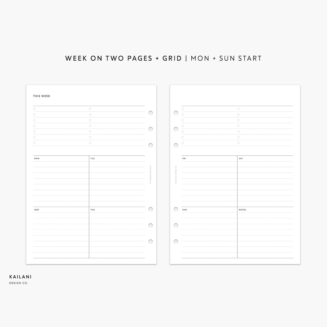 A5 Undated Weekly Planner Printable Planner Inserts, Week on Two Pages ...