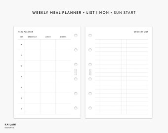 May include: A printable weekly meal planner and grocery list template. The planner has space to write in meals for breakfast, lunch, and dinner for each day of the week. The grocery list has lines for writing in items.