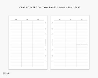 May include: A printable planner page with a classic weekly layout. The page is divided into seven columns for each day of the week, starting with Monday and ending with Sunday. The page is designed for use with a disc-bound planner.
