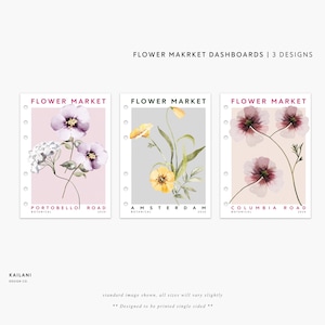 May include: Three printable floral designs for dashboards. The designs feature watercolor illustrations of flowers with the names "Portobello Road", "Amsterdam", and "Columbia Road" printed below each design.