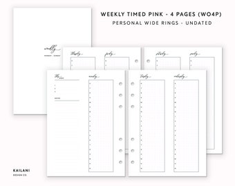 Personal Wide Weekly Planner Inserts, Timed Pink Grid (PDF Pattern)