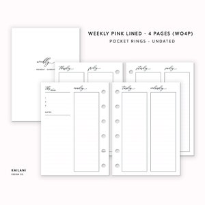 Op de afbeelding: Een weekplanner met roze lijnen, vier pagina's en ringband. De planner is niet gedateerd en heeft een eenvoudig ontwerp met de dagen van de week bovenaan elke pagina.